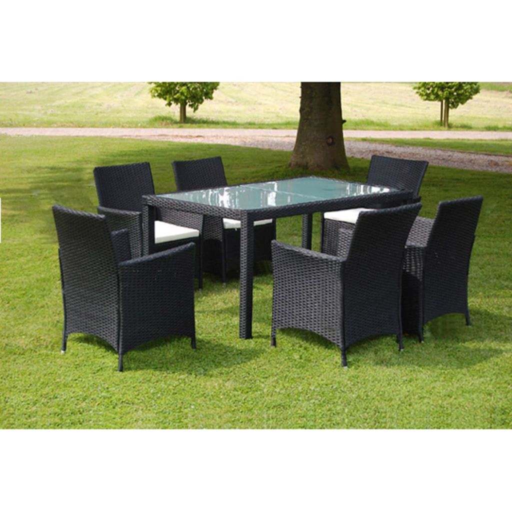 VXL Set Comedor De Jardín 7 Piezas Y Cojines Ratán Sintético Negro