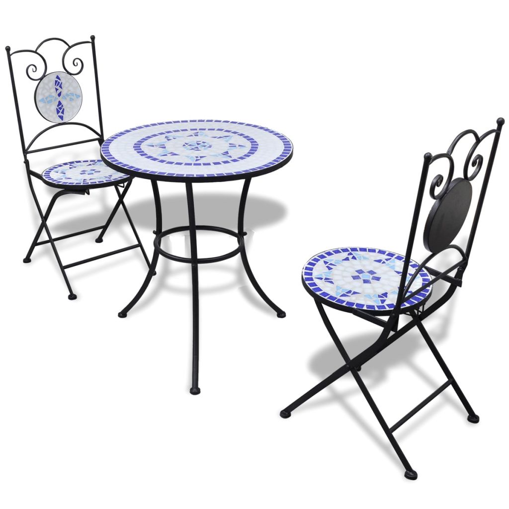 VXL Set De Mesa Y Sillas De Jardín 3 Pzas Con Mosaico Azul Y Blanco